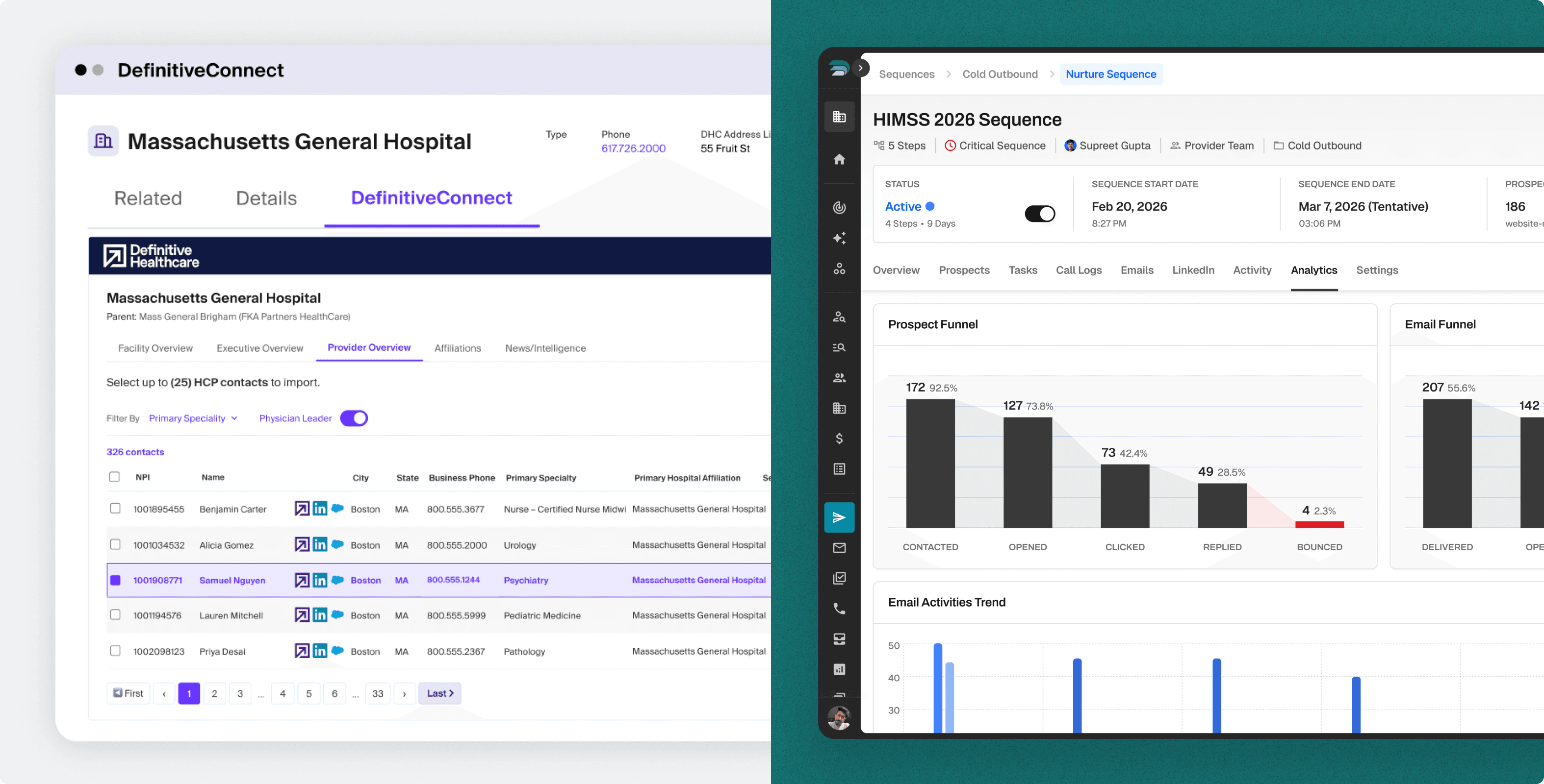DefinitiveConnect: Data pushed into Salesforce, outreach still runs in a separate tool. vs Dmand AI: Email, calls and LinkedIn run on the same records, replies land in one inbox.