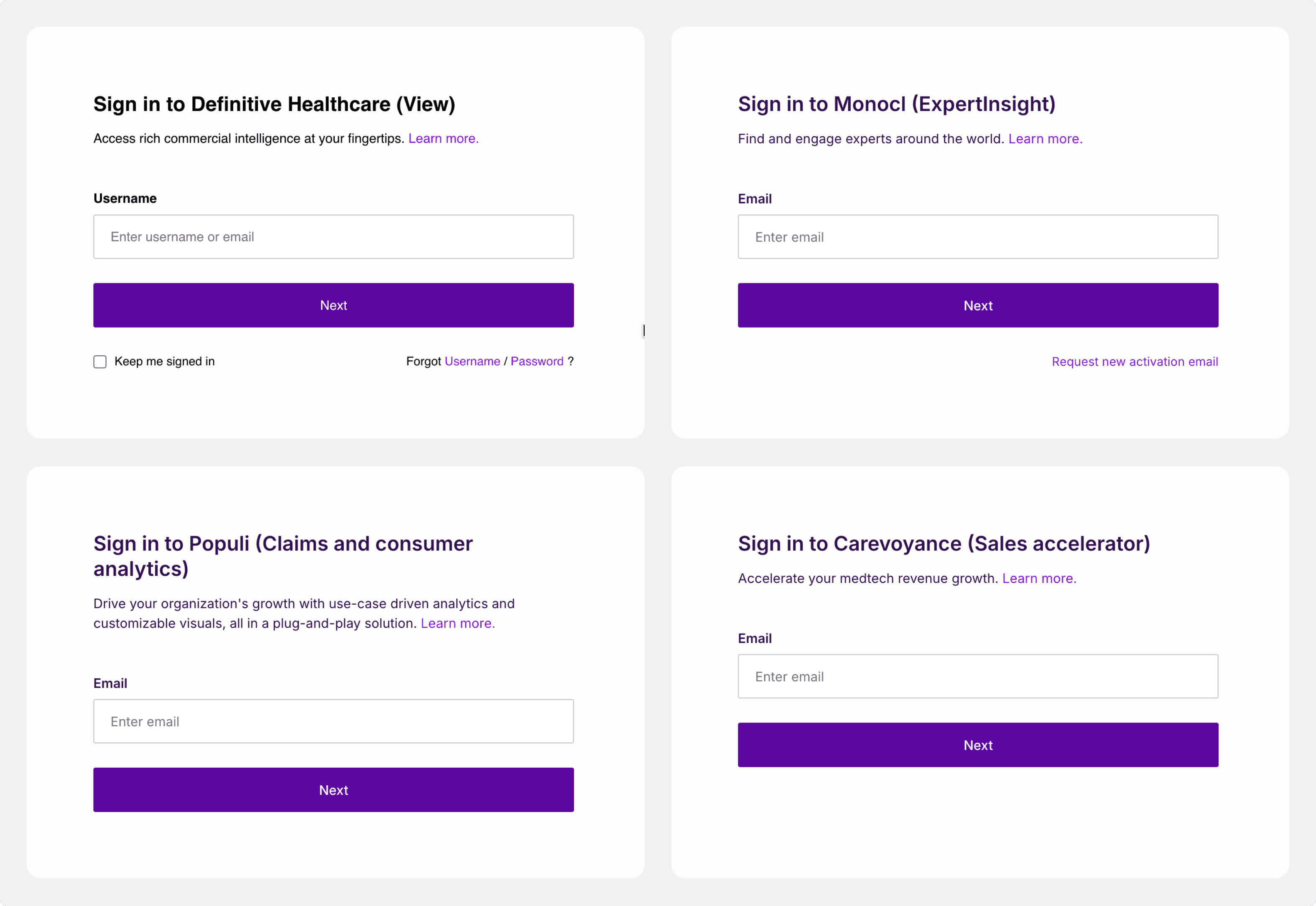Four separate logins: Definitive Healthcare (View), MonoCl (ExpertInsight), Populi (Claims and consumer analytics), and Carevoyance (Sales accelerator).